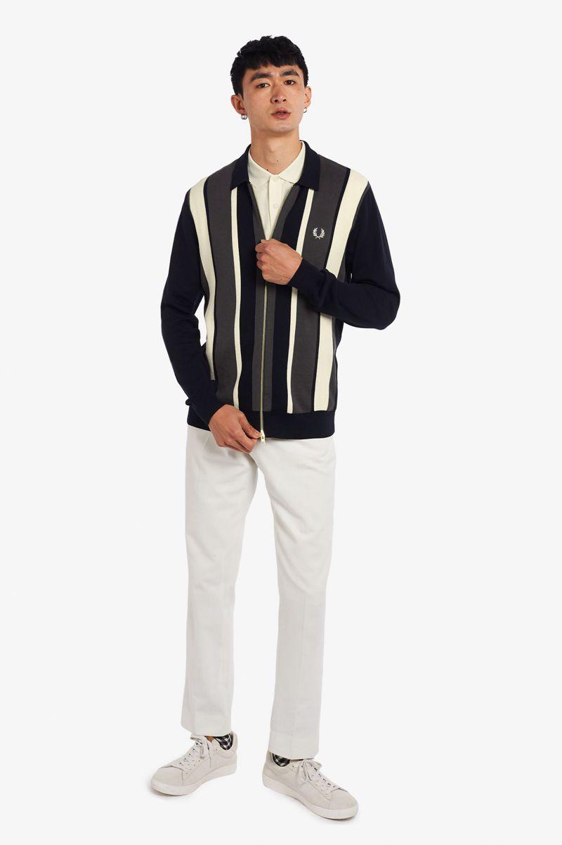 Navy Fred Perry Striped Zip-Through Cardigan Men's Knitwear | PH 1323LISH